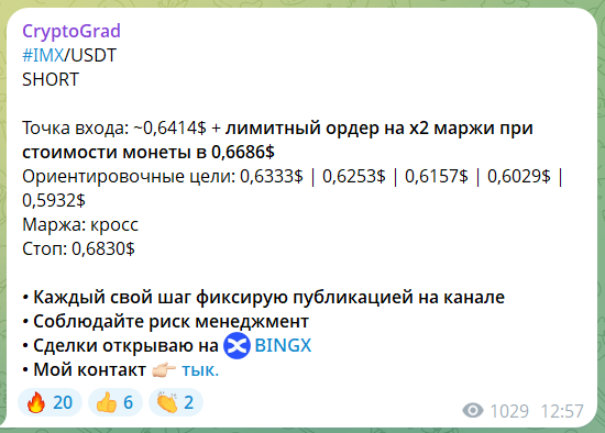 Бесплатный сигнал с канала Telegram CryptoGrad
