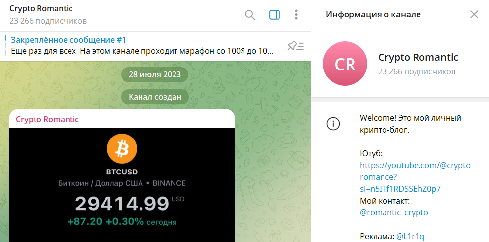 Вводные данные по каналу в телеграме Crypto Romantic
