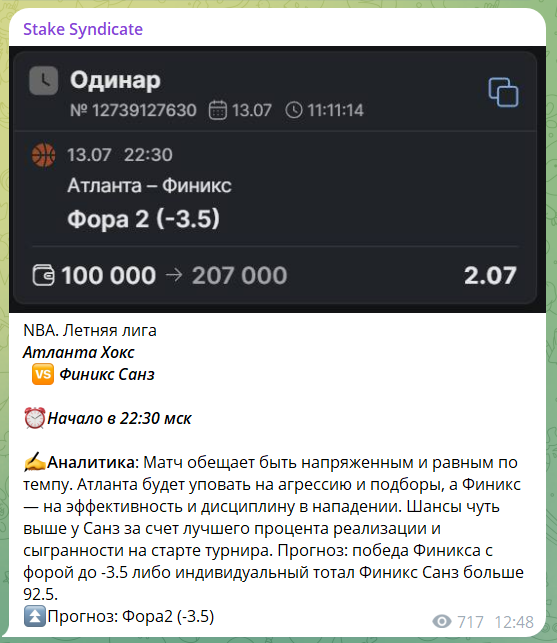 Бесплатная ставка на канале ТГ Stake Syndicate