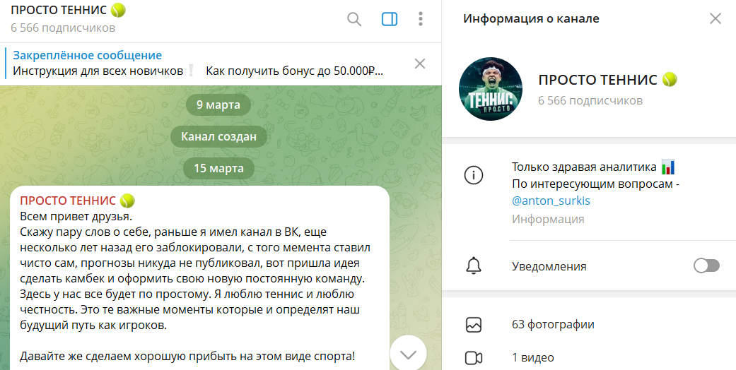 Дата создания канала Telegram Просто Теннис