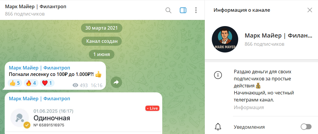 Информация по каналу в телеграмме Марк Майер Филантроп