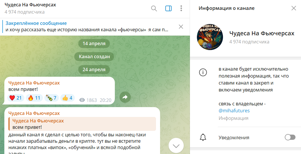 Описание канала Telegram Чудеса на фьючерах с сигналами