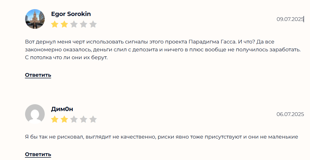 Отзывы о канале в телеграме Парадигма Гасса с сигналами