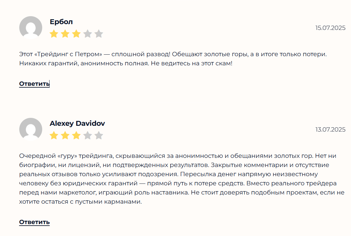 Отзывы о канале телеграм Трейдинг с Петром с сигналами