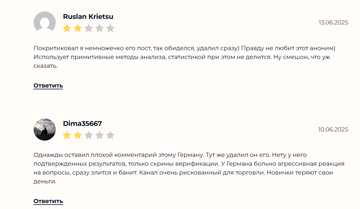 Отзывы о канале в телеграме Герман торгует
