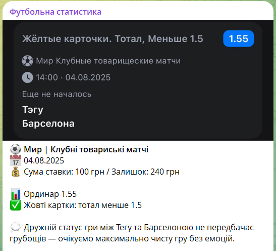 Бесплатная ставка с канала Телеграм Футбольна статистика