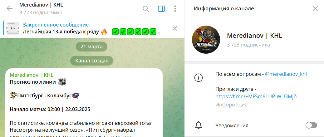 Информация по каналу Telegram Meredianov KHL со ставками