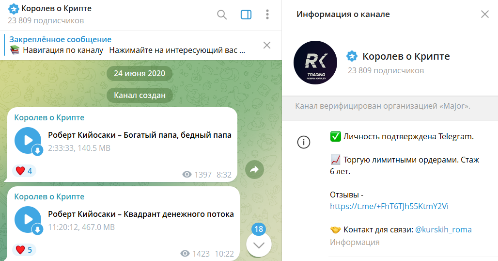 Описание канала в телеграмме Королев в крипте