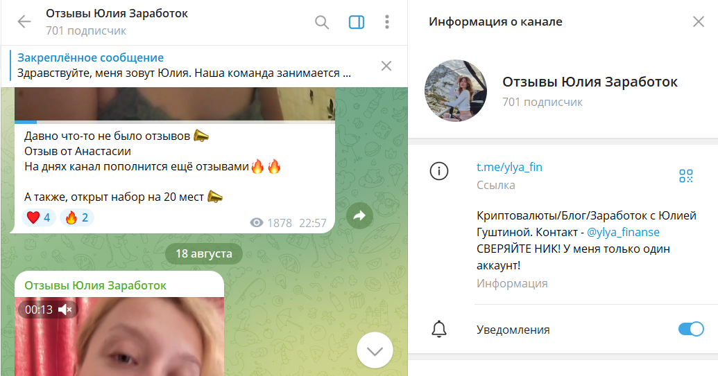 Описание канала в телеграмме Юлия Заработок