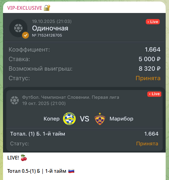 Бесплатная ставка на канале в телеграме VIP-EXCLUSIVE