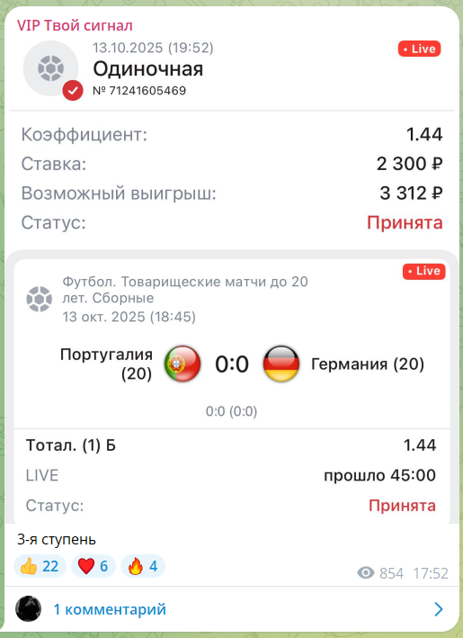 Бесплатные ставки на канале в телеграме VIP Твой сигнал