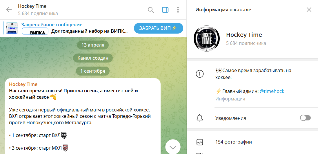 Вводные данные по каналу Telegram Hockey Time с прогнозами