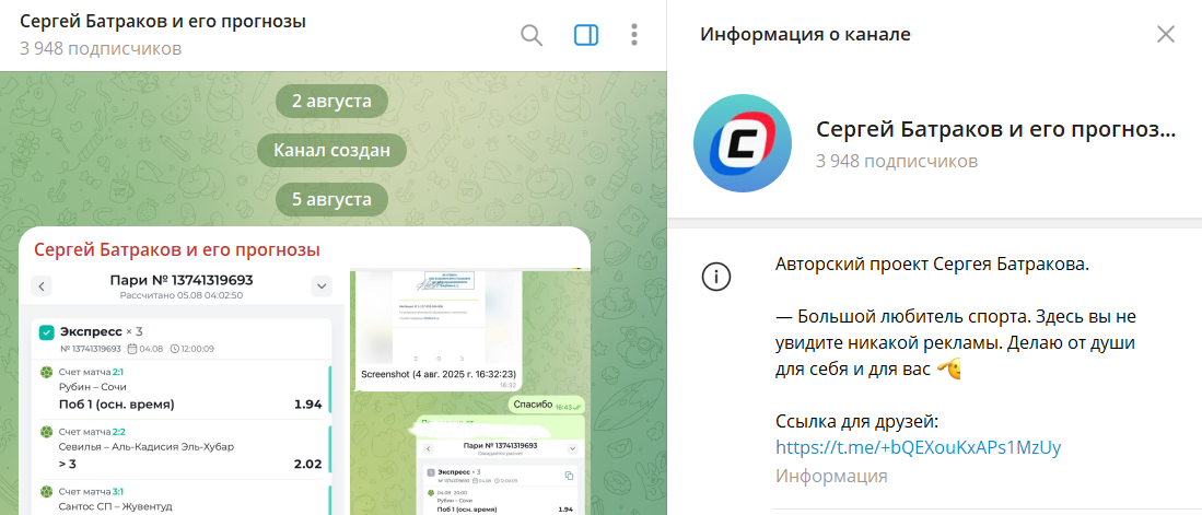 Дата основания канала в телеграме Сергей Батраков и его прогнозы