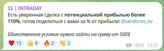 Индивидуальные сигналы на канале в телеграме SS INTRADAY