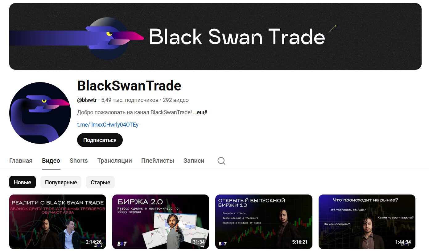 Обзор канала Ютуб BlackSwanTrade с тематическими роликами