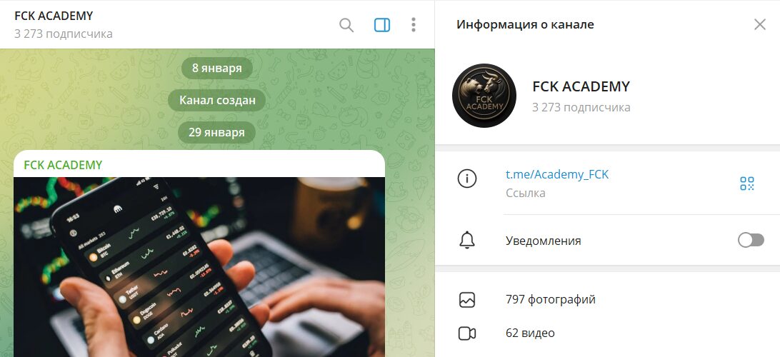 Обзор канала в телеграмме FCK ACADEMY с новостями