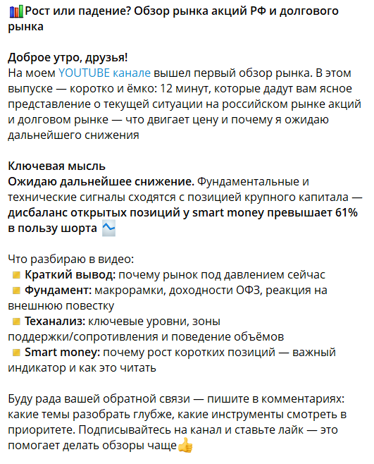 Обзор рынка на канале в телеграмме InvestVero Инвестиции с Никой