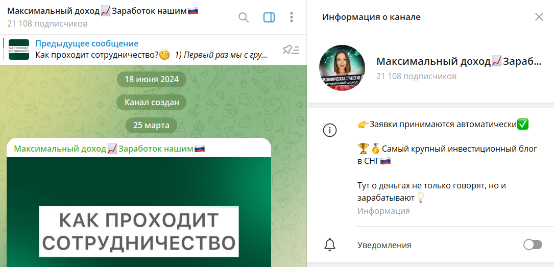 Описание канала Телеграм Максимальный доход Заработок нашим