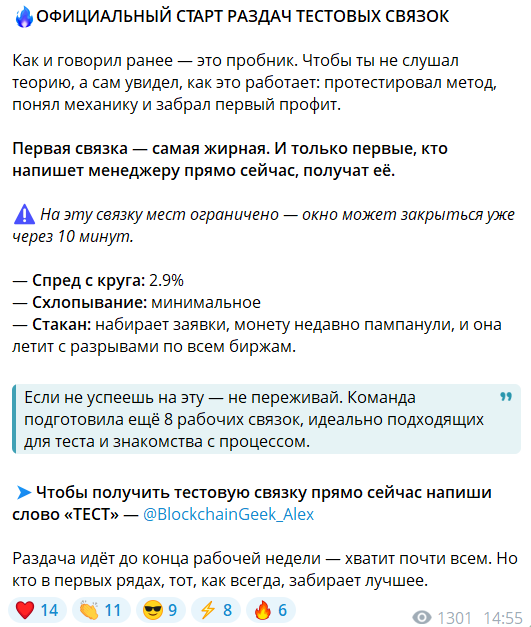 Приватные связки на канале в телеграме Blockchain Geek