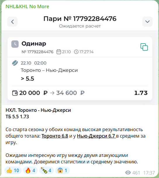 Прогнозы на хоккей с телеграм-канала NHL&KHL No More