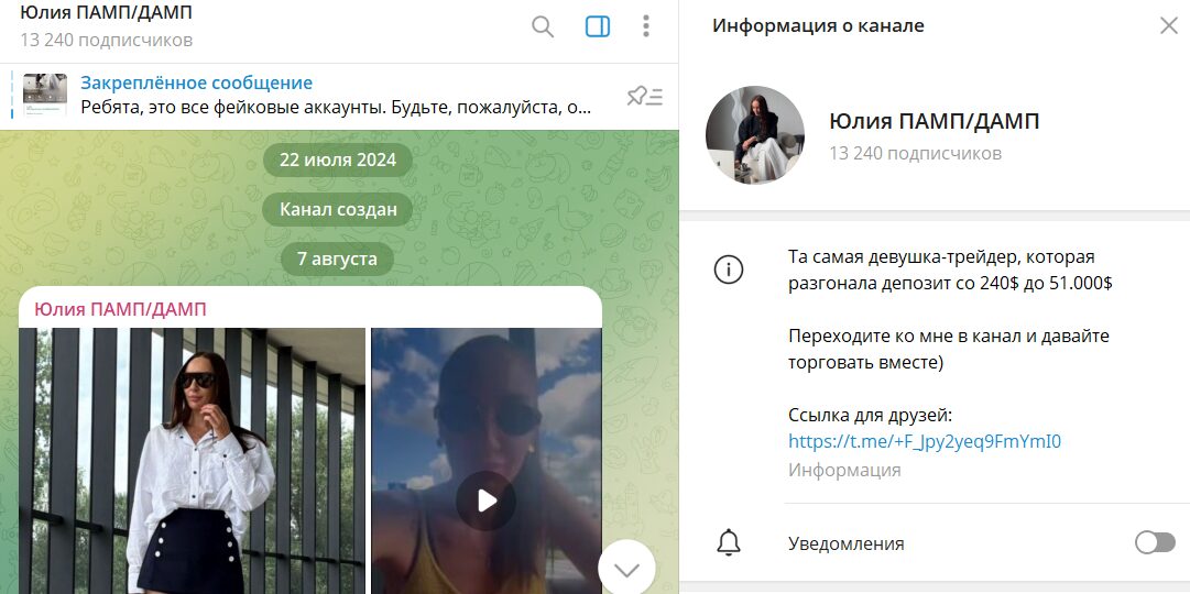 Сведения по каналу в телеграме Юлия ПАМП ДАМП с прогнозами