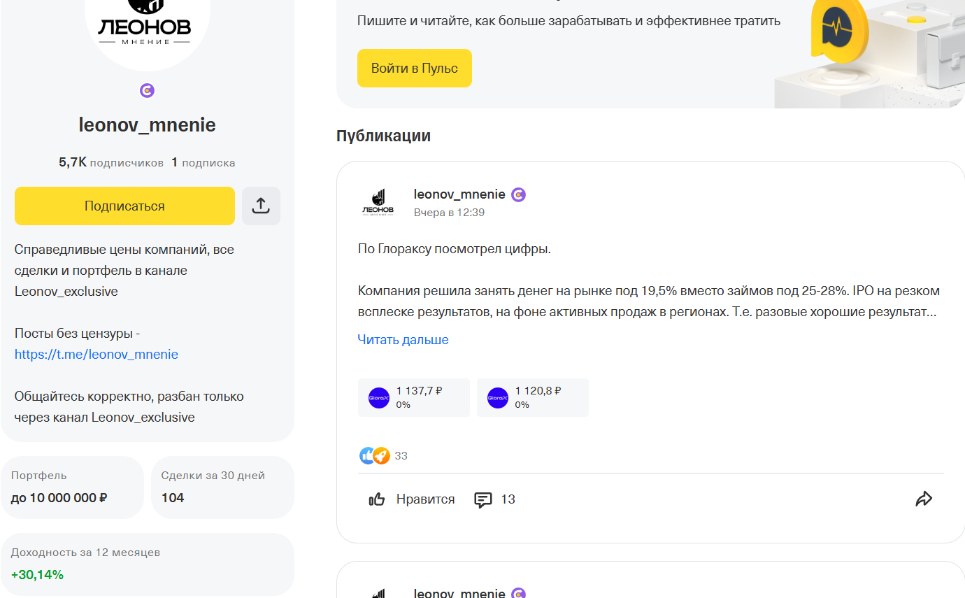 Статистика на канале инвестора Игоря Леонова