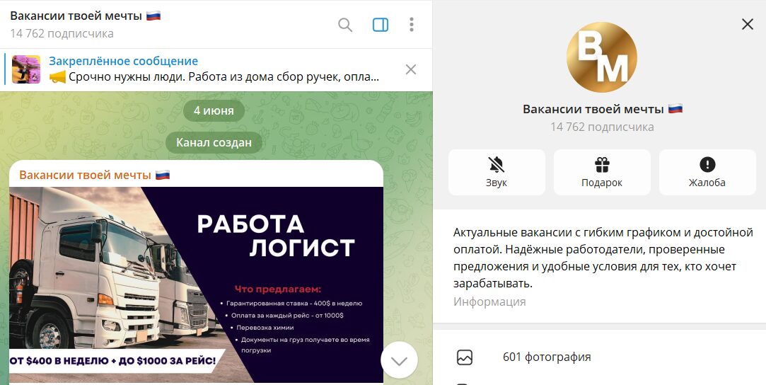 Вводные данные по каналу в телеграмме Вакансии твоей мечты
