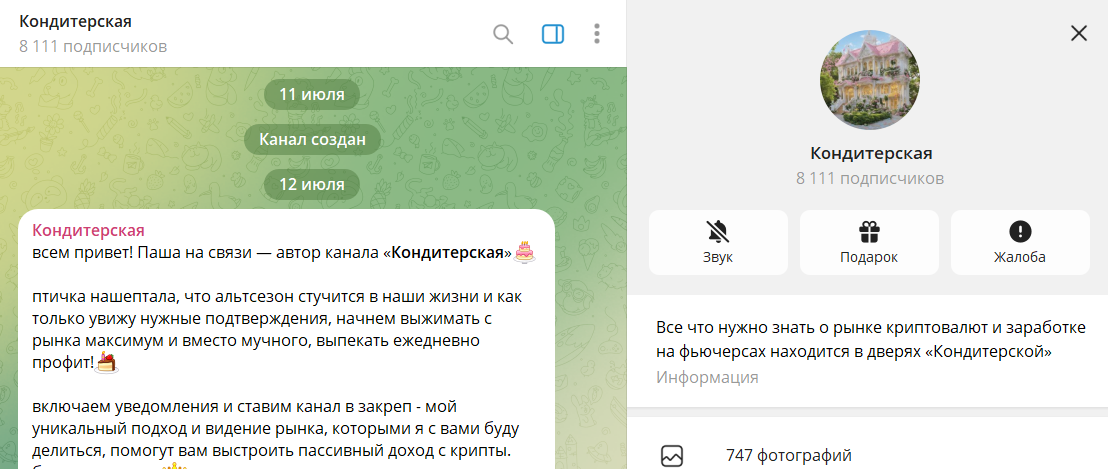 Дата регистрации канала Телеграм Кондитерская с сигналами