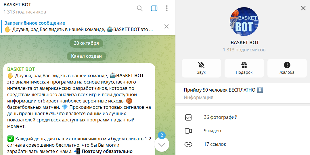 Общая информация по телеграм-каналу BASKET BOT со ставками
