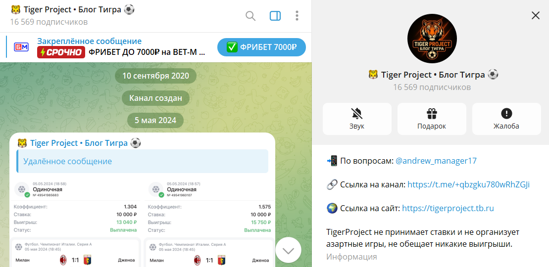 Общие сведения по телеграм-каналу Tiger Project Блог Тигра