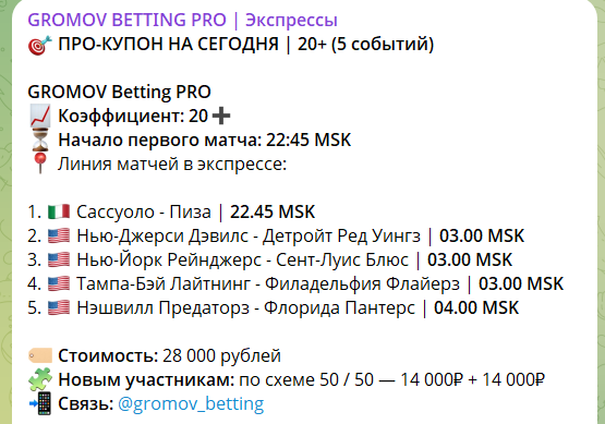 Стоимость экспрессов на канале Telegram GROMOV BETTING PRO