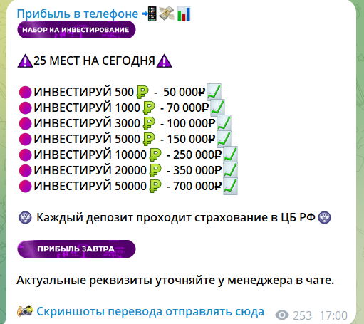 Раскрутка депозитов на телеграм канале Прибыль в телефоне