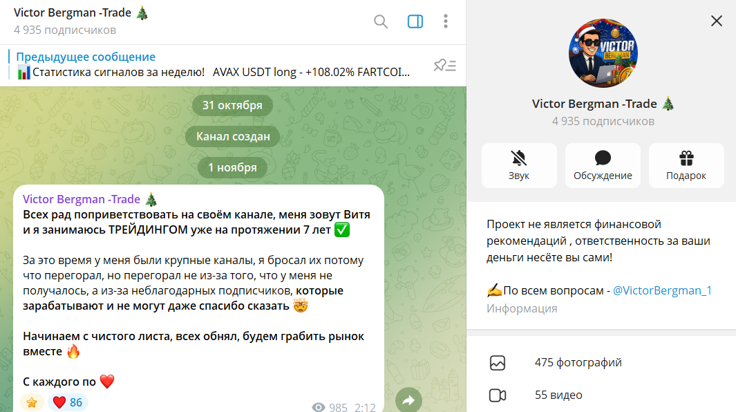 Вводные данные по TG каналу «Victor Bergman - Trade»