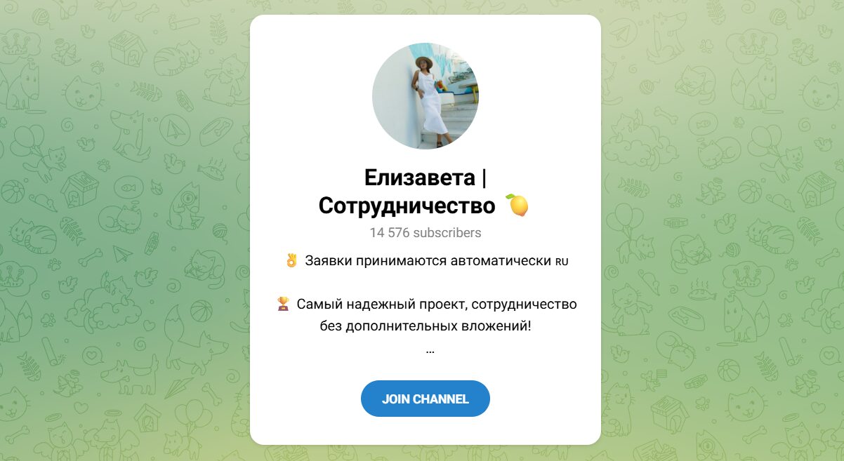 Внешний вид телеграм канала Елизавета Сотрудничество