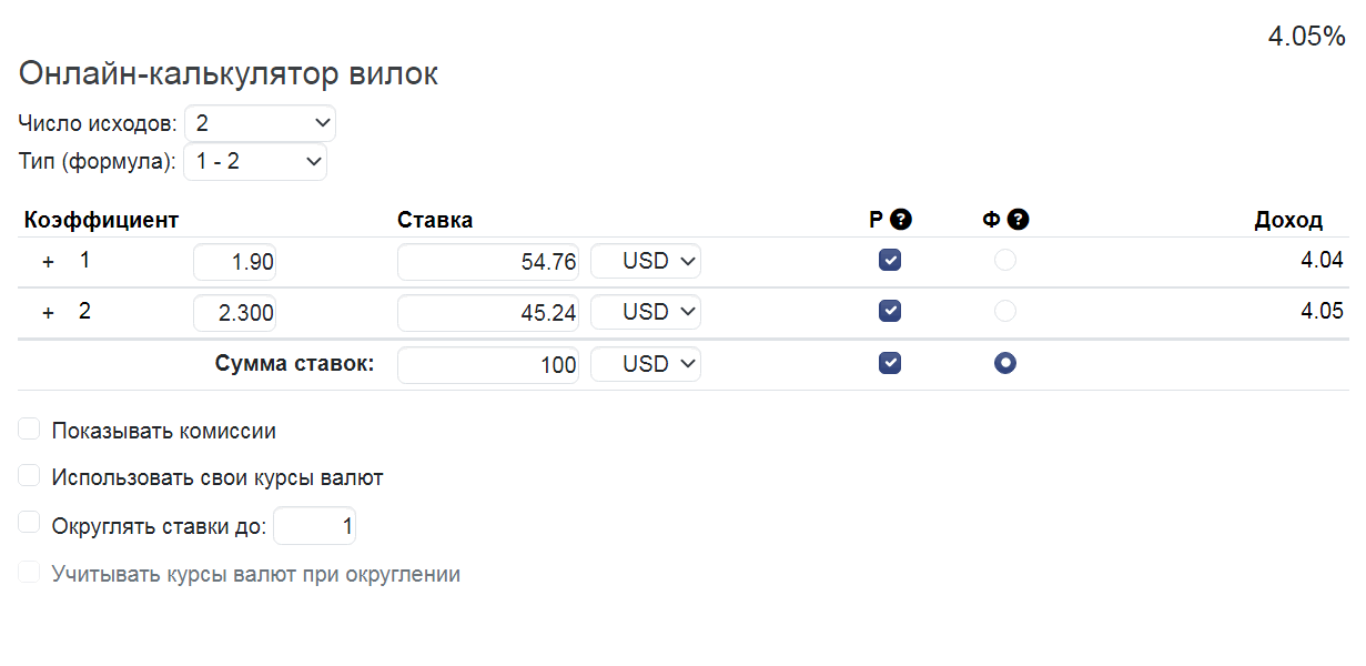 онлайн-калькуляторы вилок