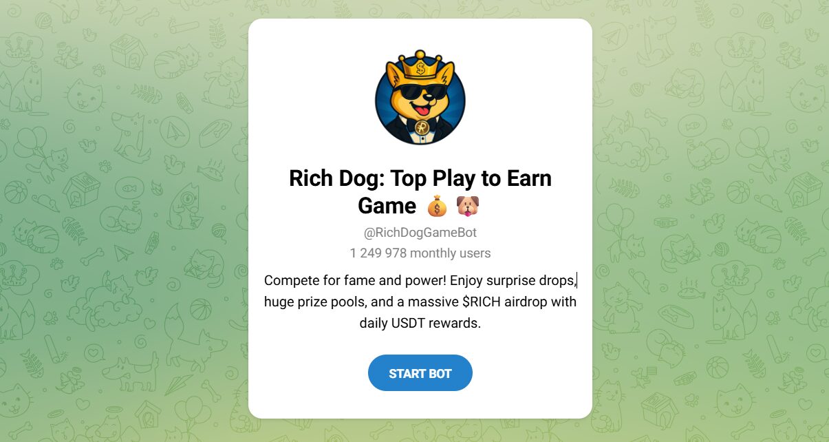 Внешний вид бота телеграм Rich Dog Top Play to Earn Game