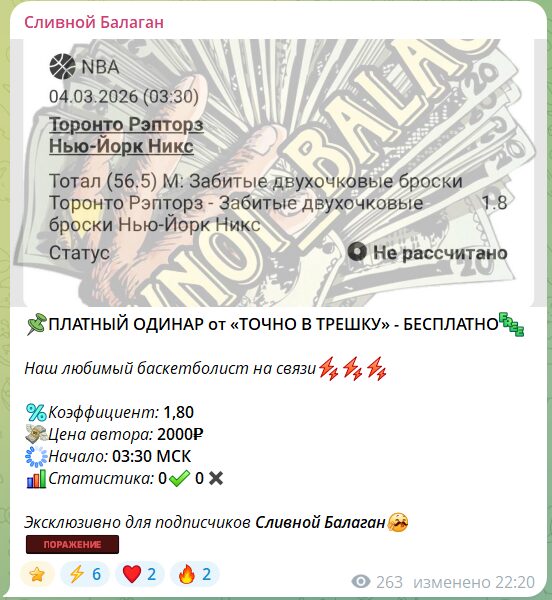 Бесплатная ставка на канале в телеграме Сливной балаган