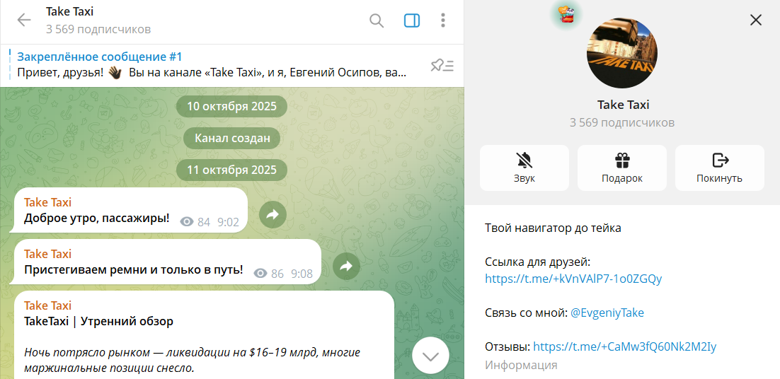 Дата основания канала Telegram Take Taxi с сигналами