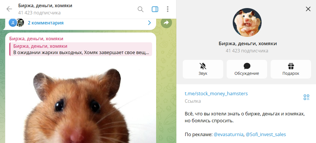 Описание телеграмм канала Биржа, деньги, хомяки