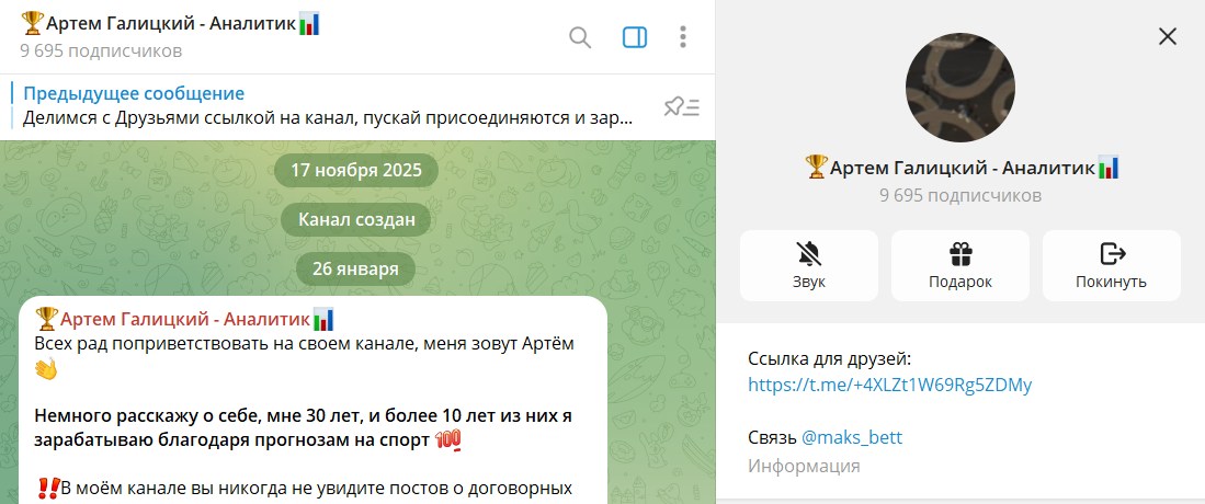 Сведения по каналу Telegram Артем Галицкий - Аналитик