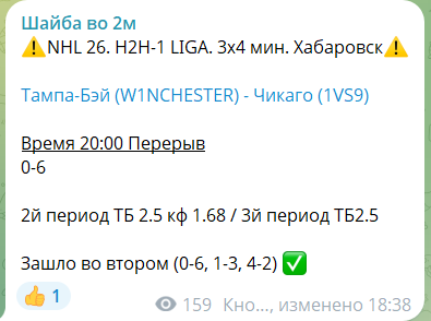 Бесплатная ставка с канала в телеграме Шайба во 2м