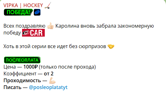 Платная ставка с канала в телеграме VIPKA HOCKEY