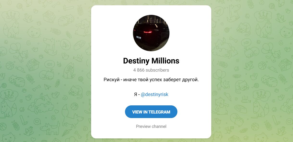 Внешний вид телеграм канала Destiny Millions