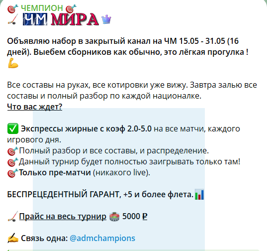 Закрытая рассылка на канале в телеграмме Чемпион