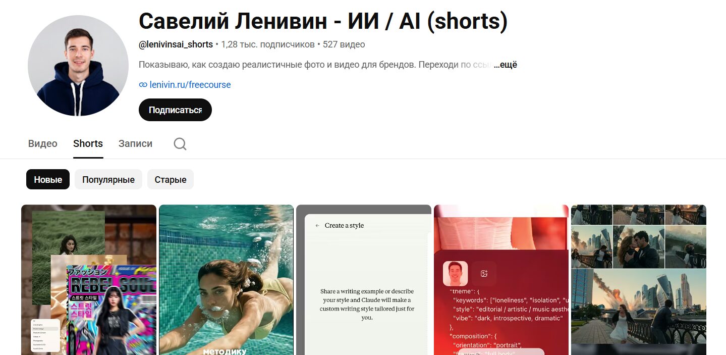 Описание канала Ютуб Савелий Ленивин - ИИ / AI (shorts)