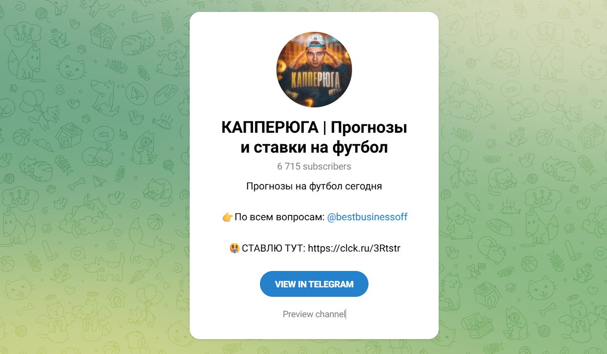 Внешний вид телеграм канала Капперюга Прогнозы на футбол