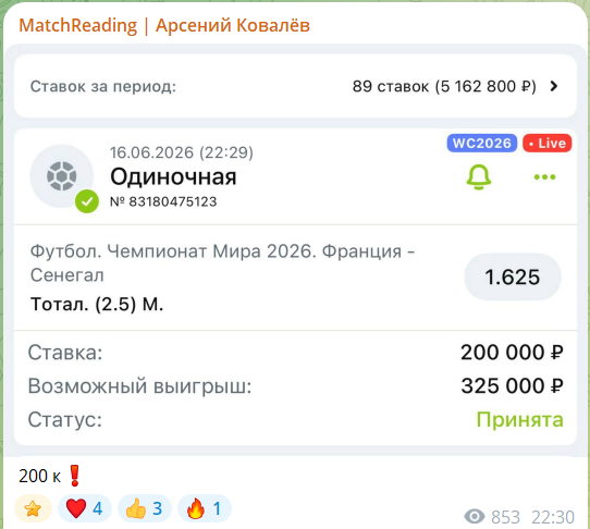 Бесплатная ставка с канала MatchReading Арсений Ковалев