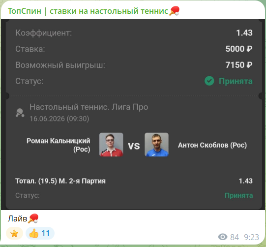 Бесплатные ставки на настольный теннис с канала ТопСпин