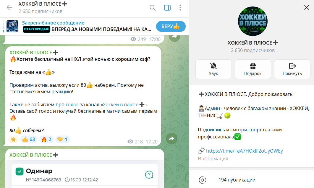Вводные данные по каналу в телеграмме Хоккей в плюсе