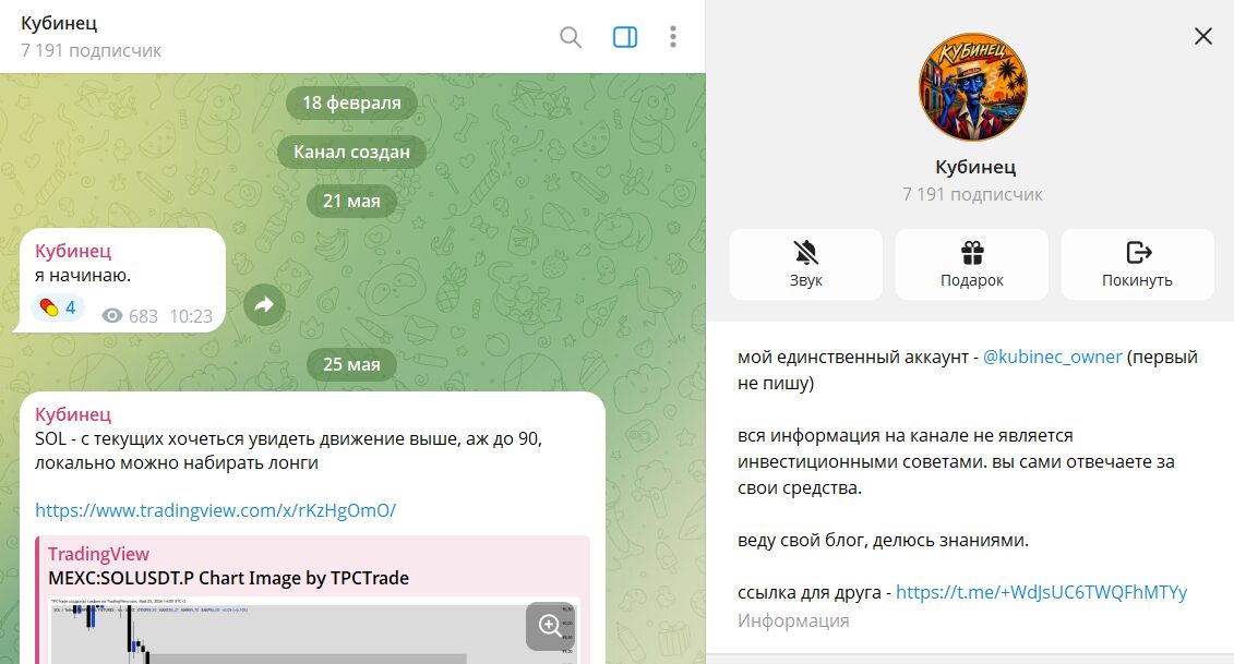 Дата регистрации канала Telegram Кубинец с прогнозами